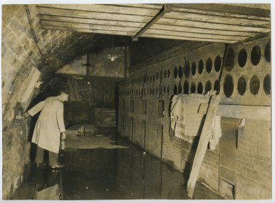Photo d'archives en noir et blanc d'un homme à l'intérieur du caveau calorifère
